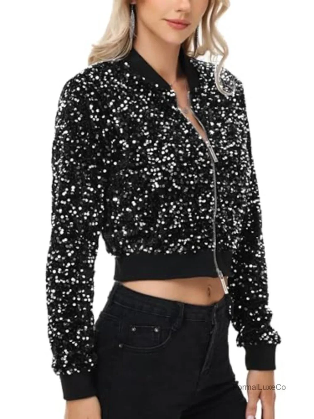 Cropped Sequin Bomber Jacket with Two-Way Zipper and Ribbed Trim